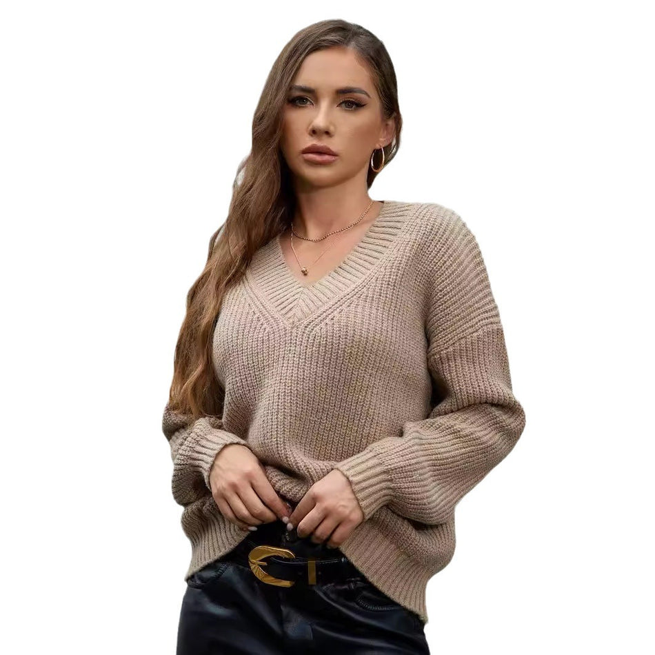 Women's Loose V-Neck Long Sleeve Pullover Sweater