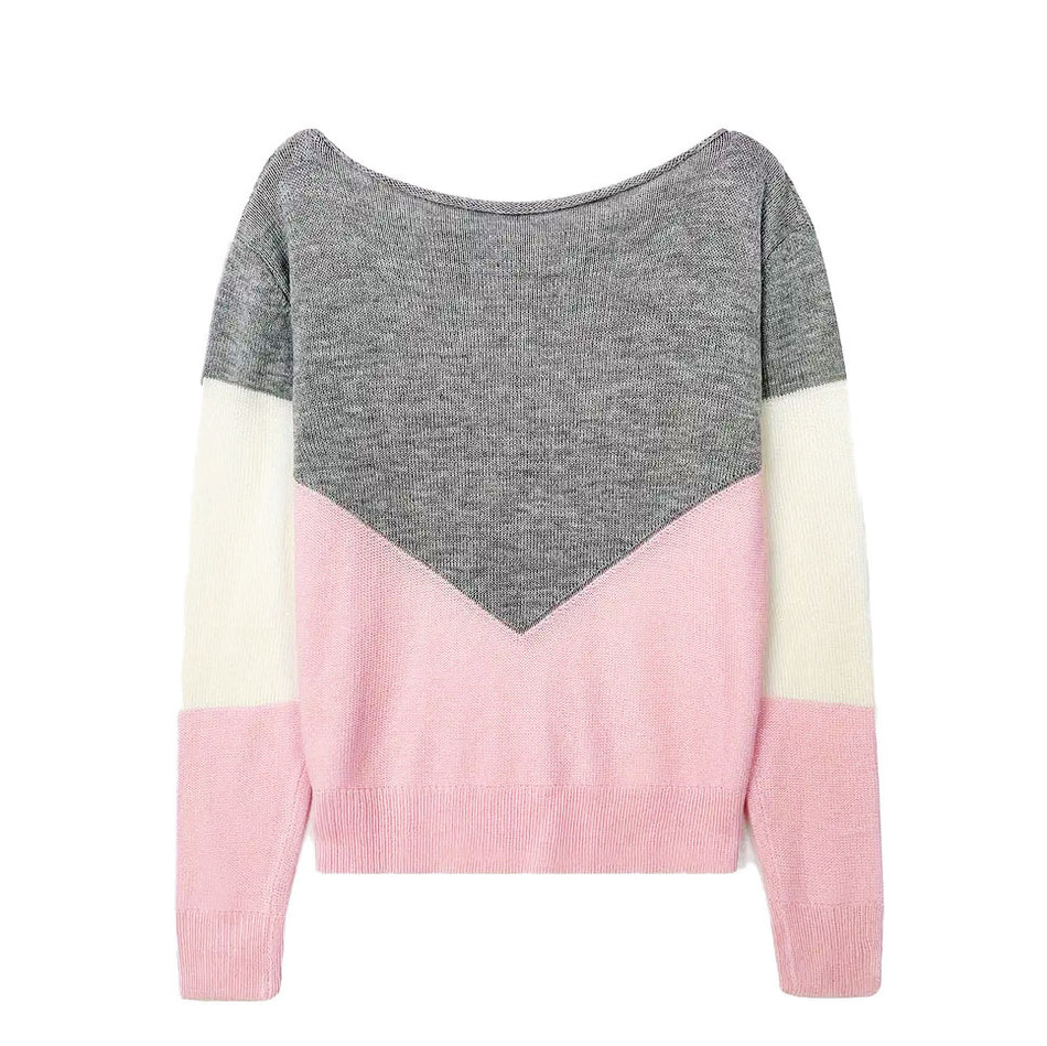 Women's Color Block Hollow Knit Round Neck Sweater