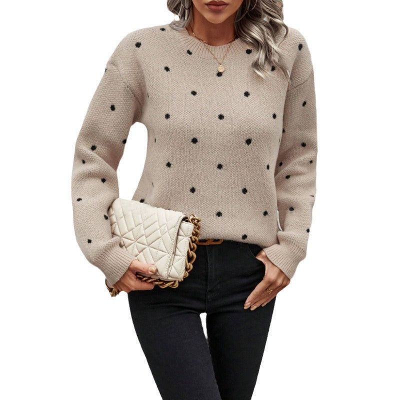 Women's Polka Dot Jacquard Round Neck Knit Sweater