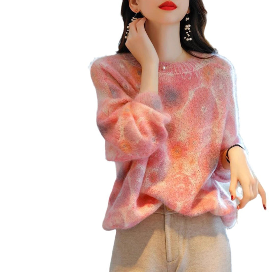 Women's Loose Crewneck Printed Knit Pullover Sweater