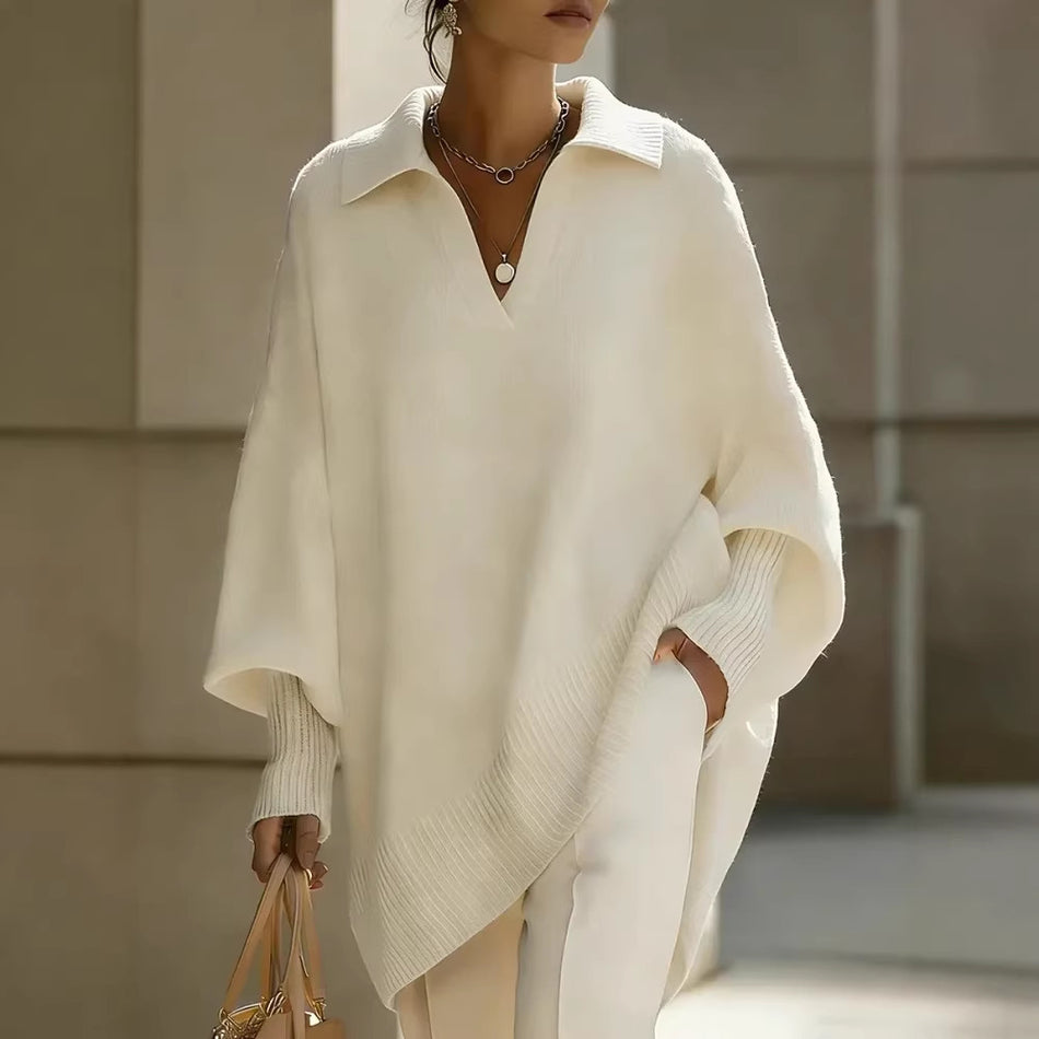 Women's Loose Polo Collar Batwing Knit Sweater