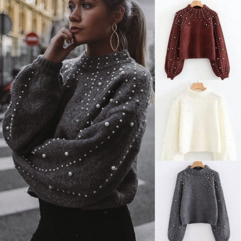 Women's Loose Crewneck Lantern Sleeve Knit Sweater