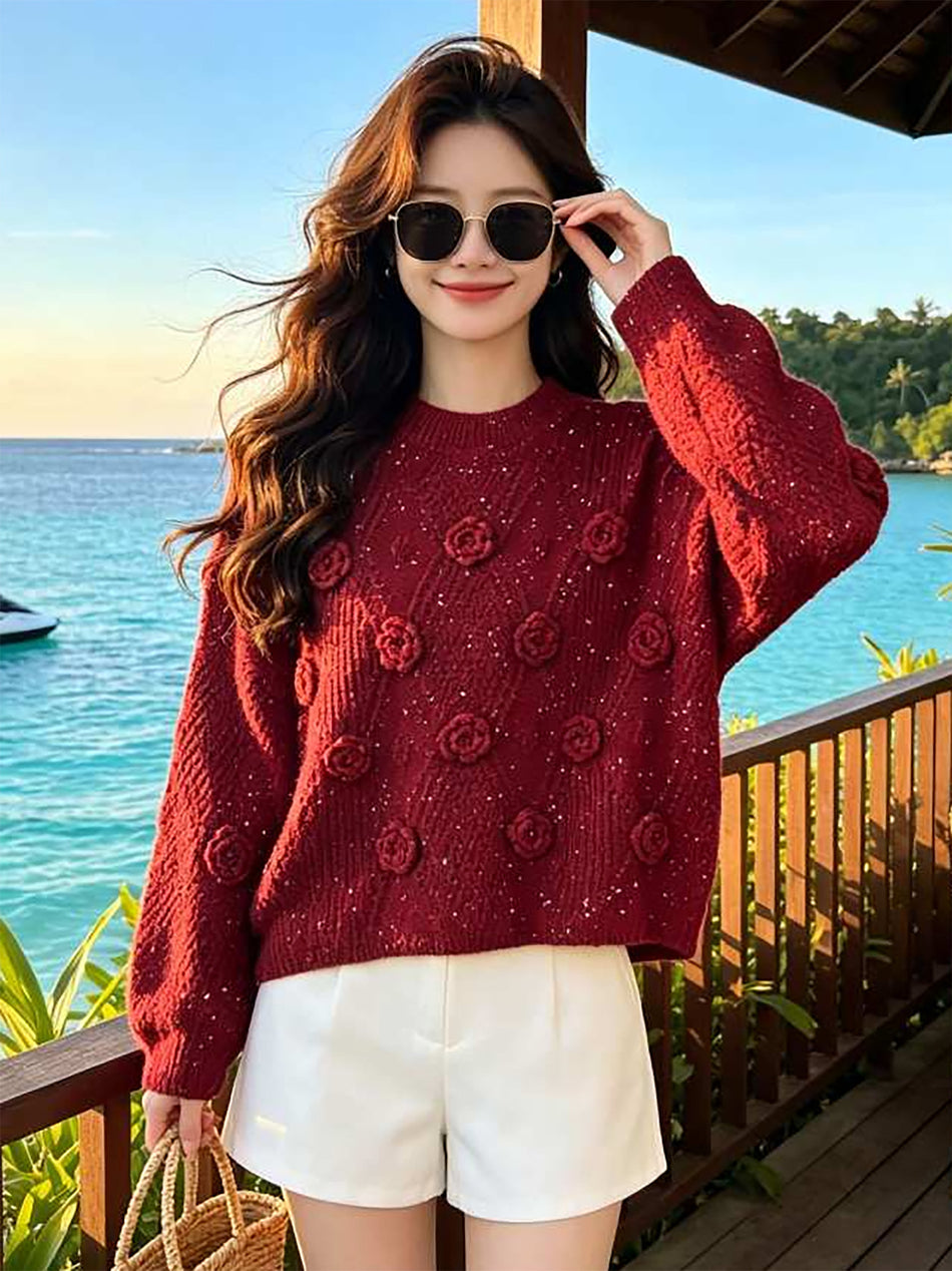 Women's Loose Floral Crochet Crewneck Knit Sweater