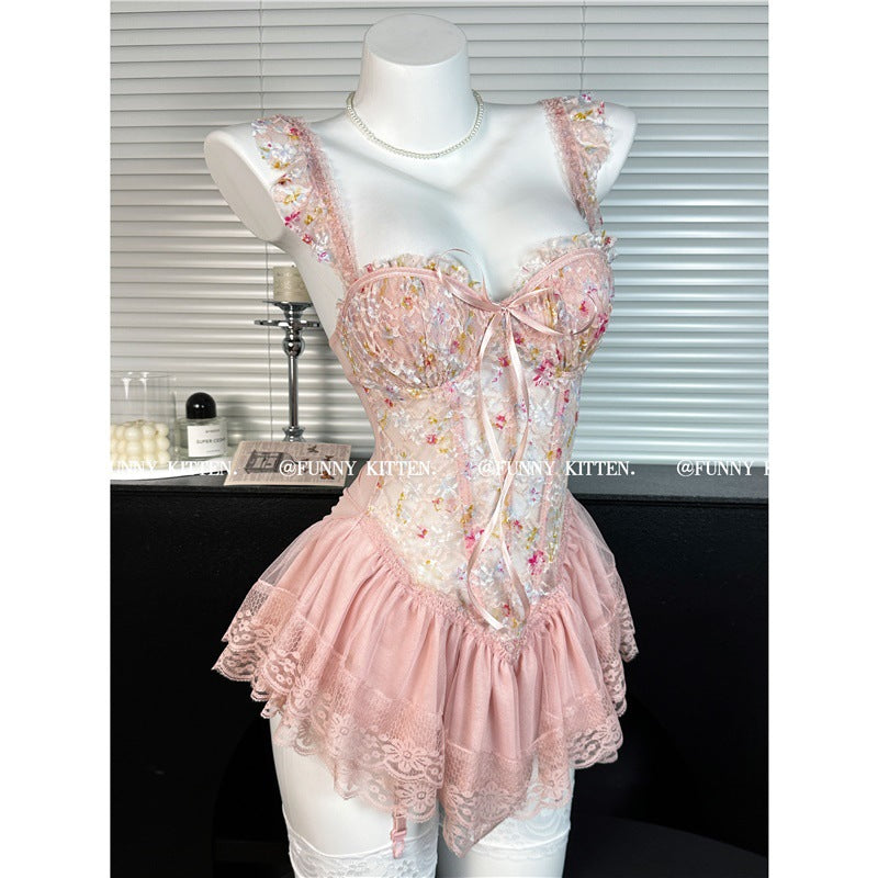 Women's Lace Floral Strap Nightgown with Chest Pads