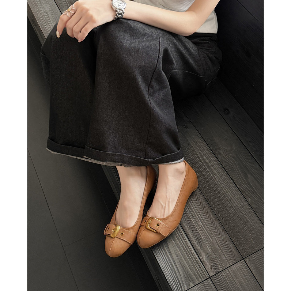 Women's PU Round Toe Flats with Buckle Detail