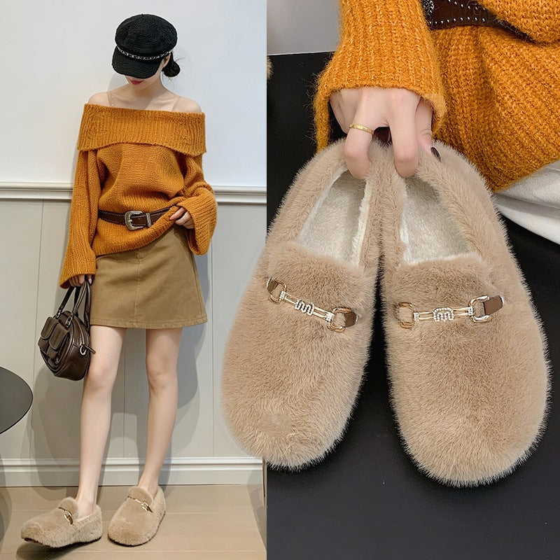 Women's Plush Lined Cotton Shoes with Metal Buckle