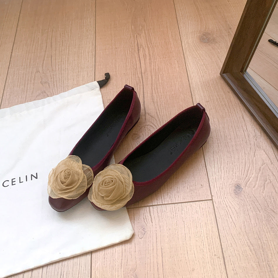 Women's Cowhide Floral Flat Shoes with Shallow Opening