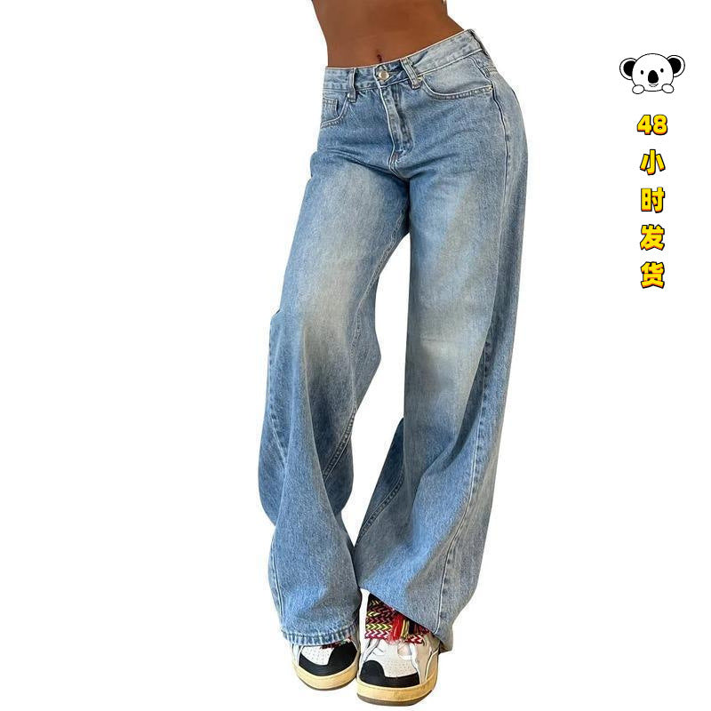 Women's High-Waist Wide-Leg Washed Denim Jeans