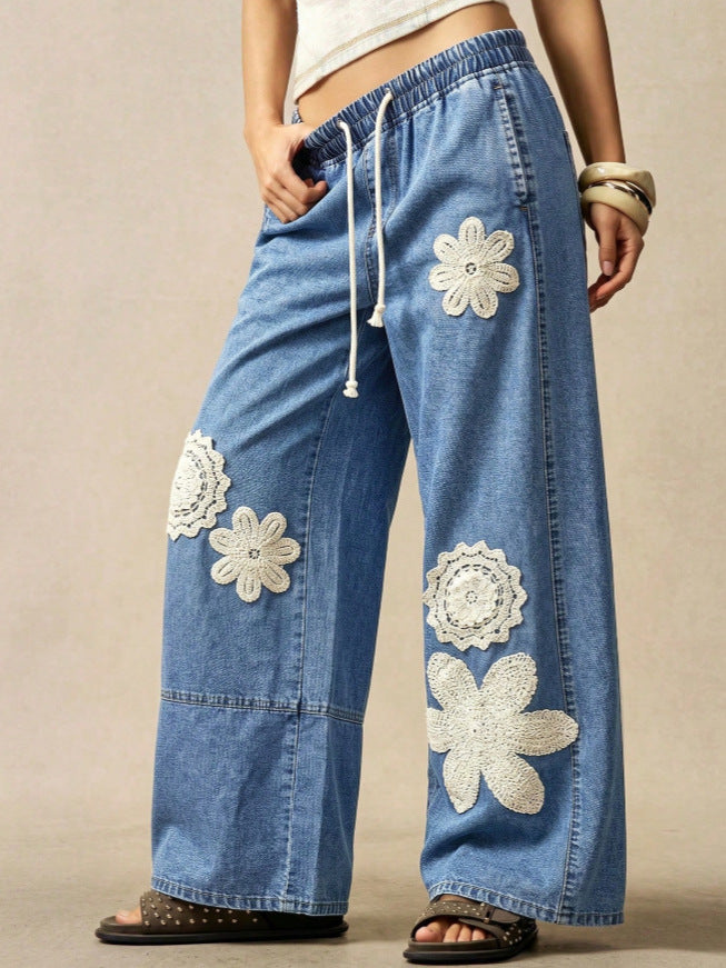 Women's Bohemian Mid-Waist Wide-Leg Denim Pants