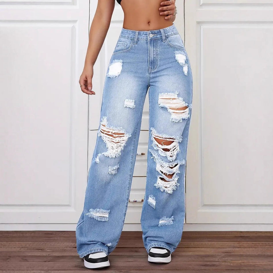Women’s High-Waist Ripped Wide-Leg Denim Jeans