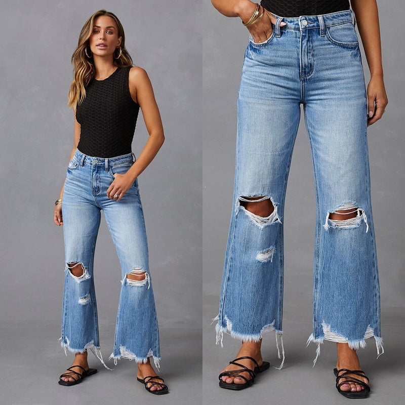 Women’s High-Waist Ripped Tassel Flare Jeans