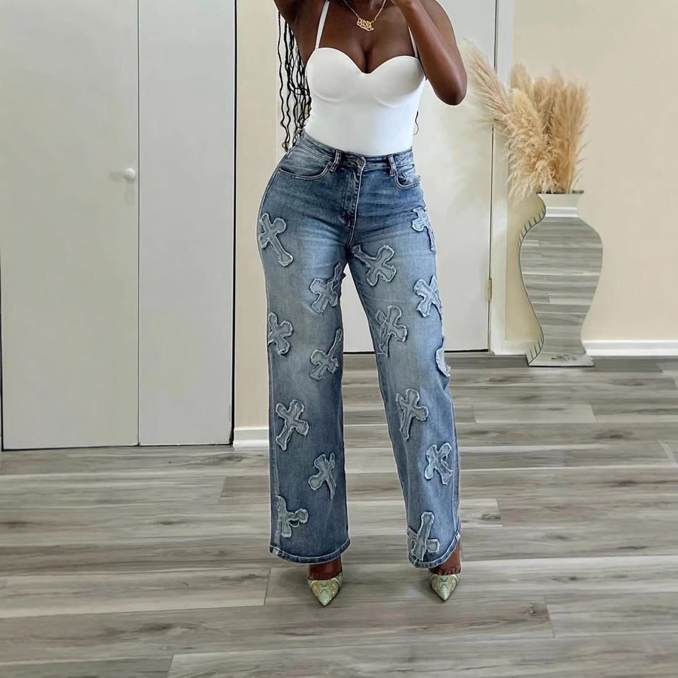 Women’s High-Waist Patchwork Straight Denim Jeans