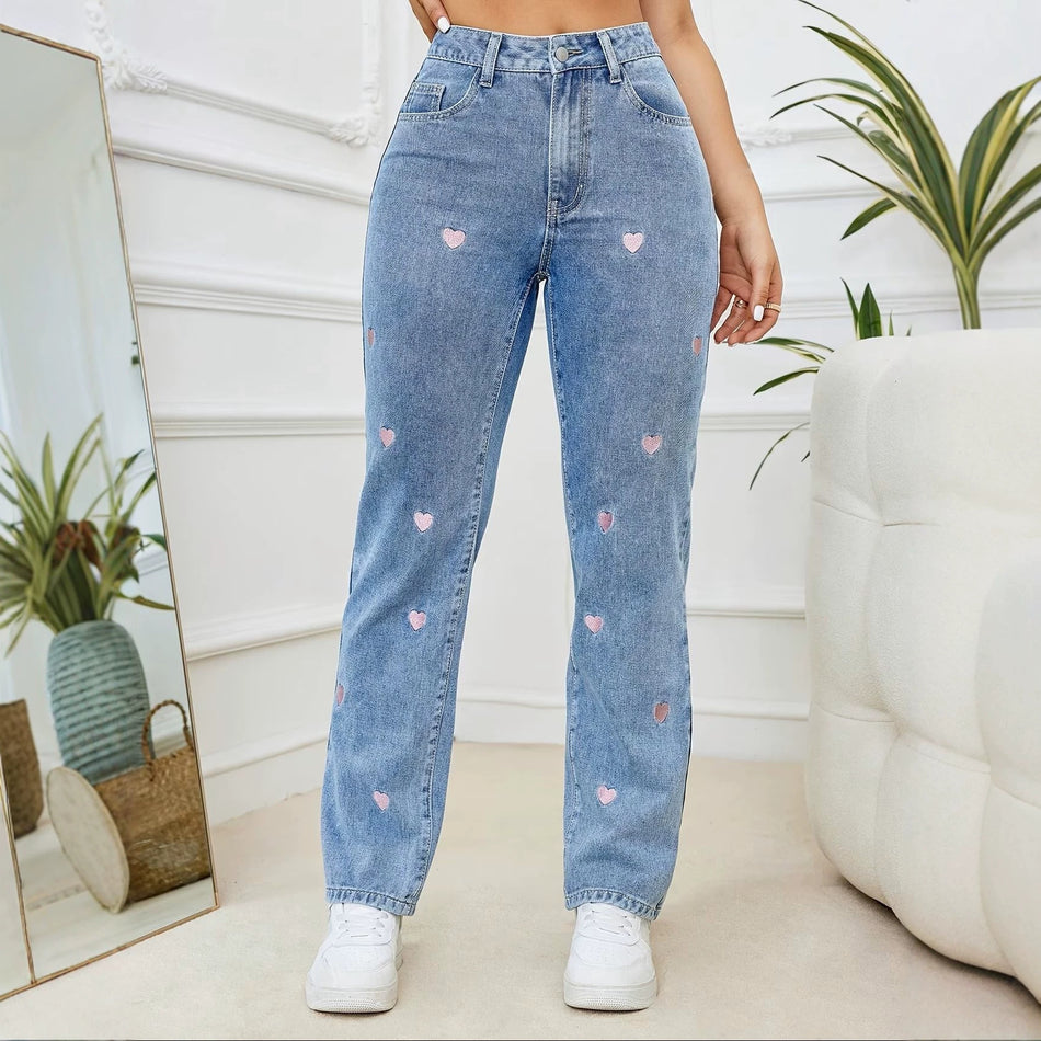 Women’s High-Waist Embroidered Straight Denim Jeans
