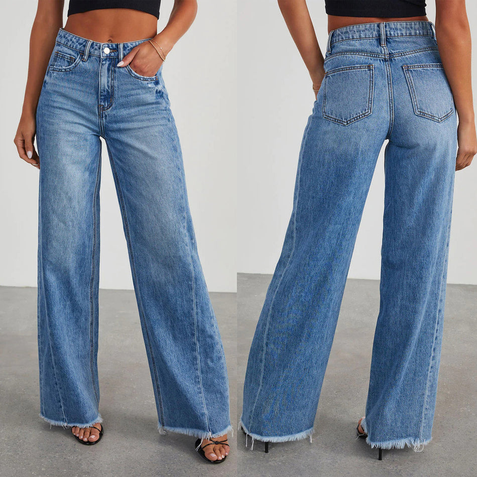 Women’s Mid-Waist Wide-Leg Washed Denim Jeans