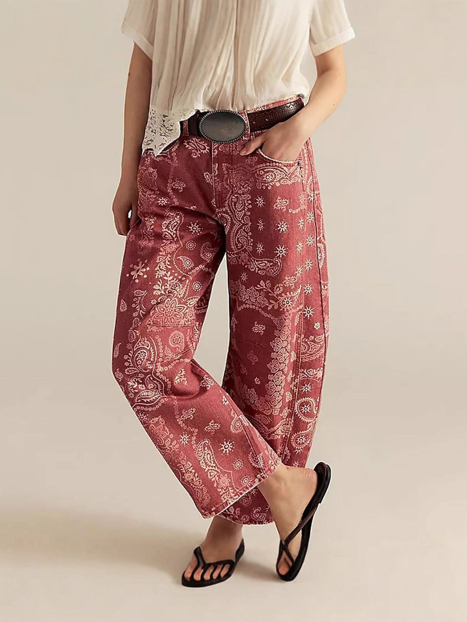 Women’s Y2K Printed Mid-Waist Wide-Leg Cropped Jeans
