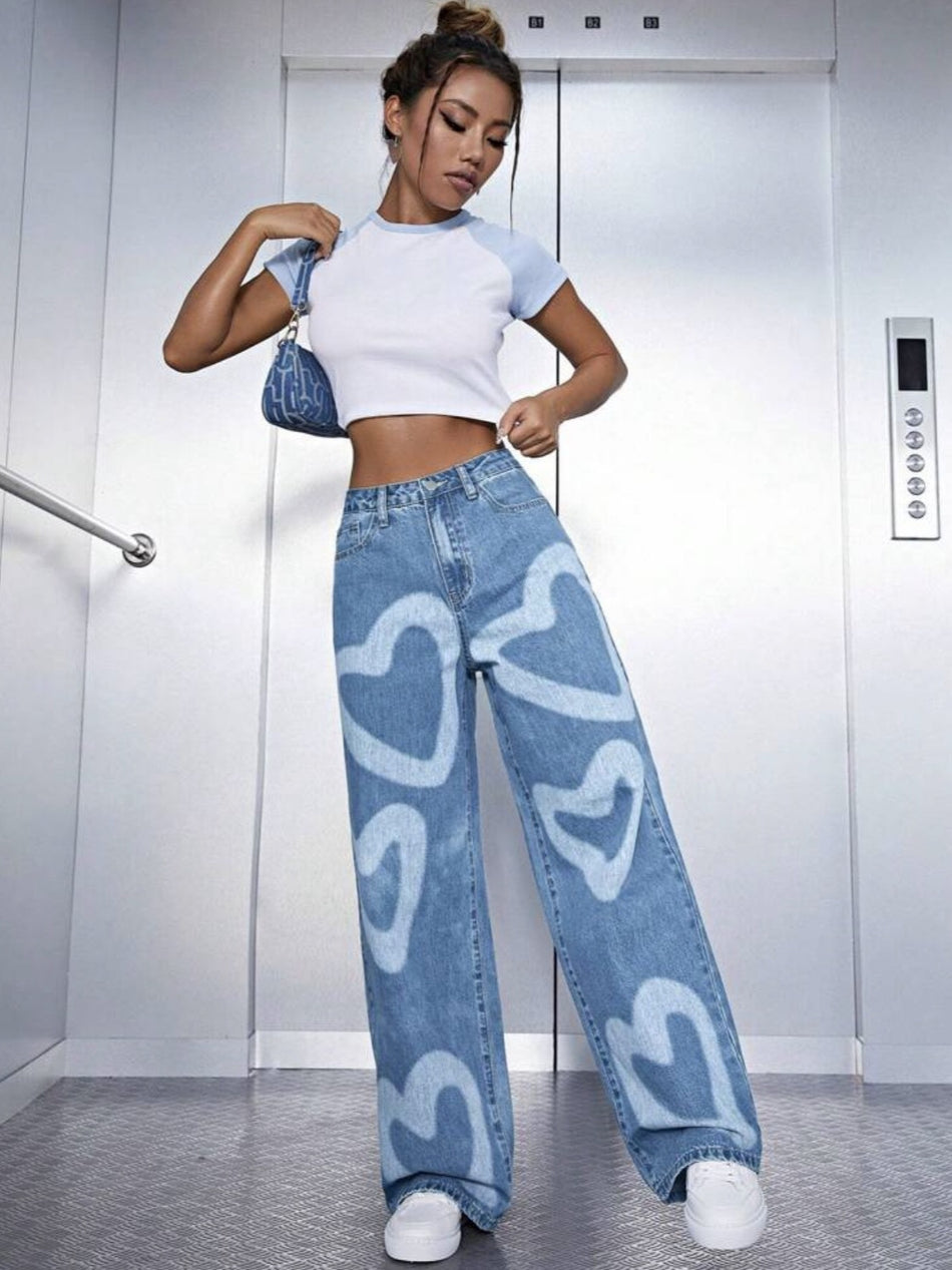 Women’s High-Waist Printed Straight Denim Jeans