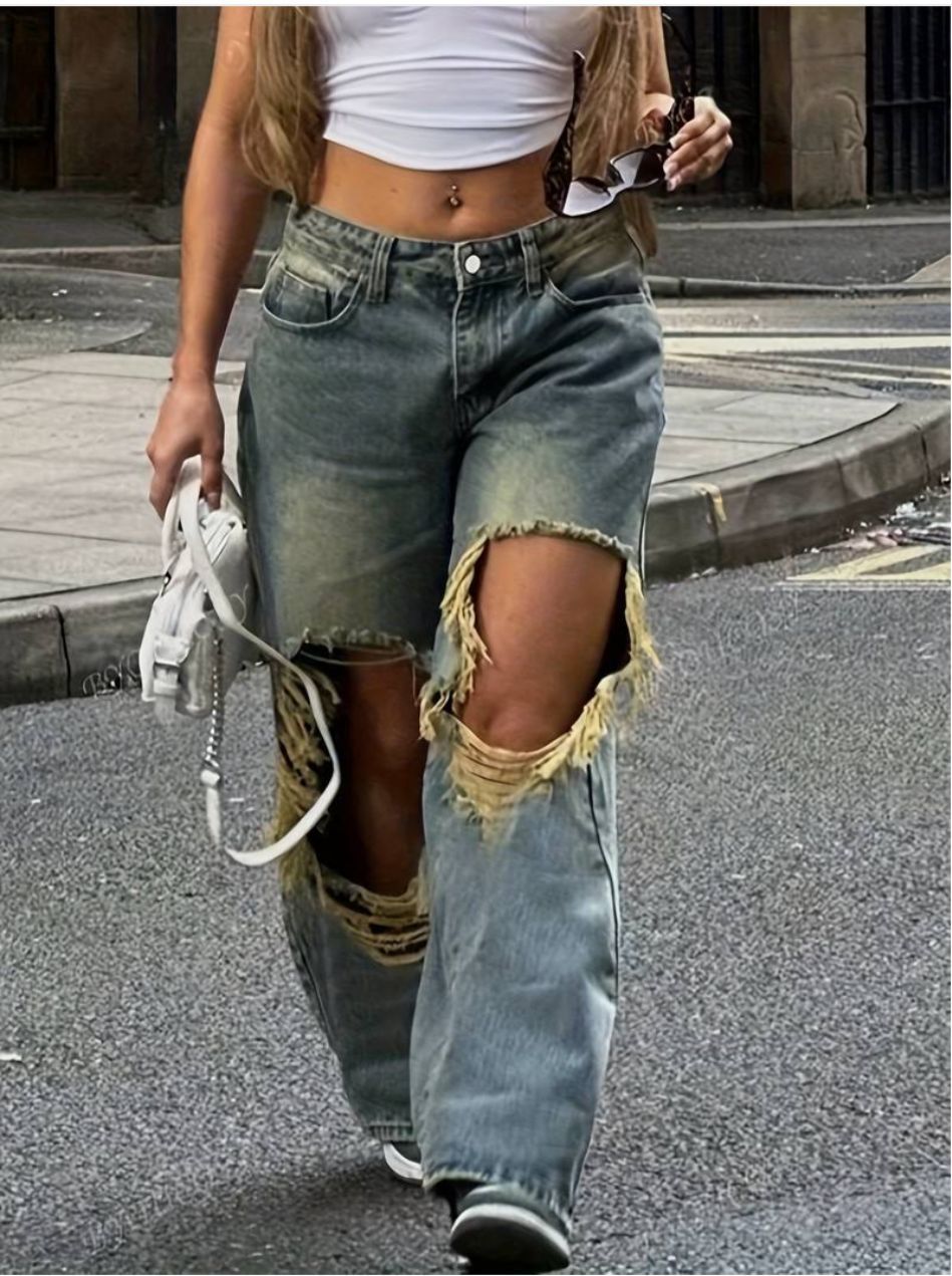 Women’s Low-Waist Washed Straight-Leg Denim Jeans