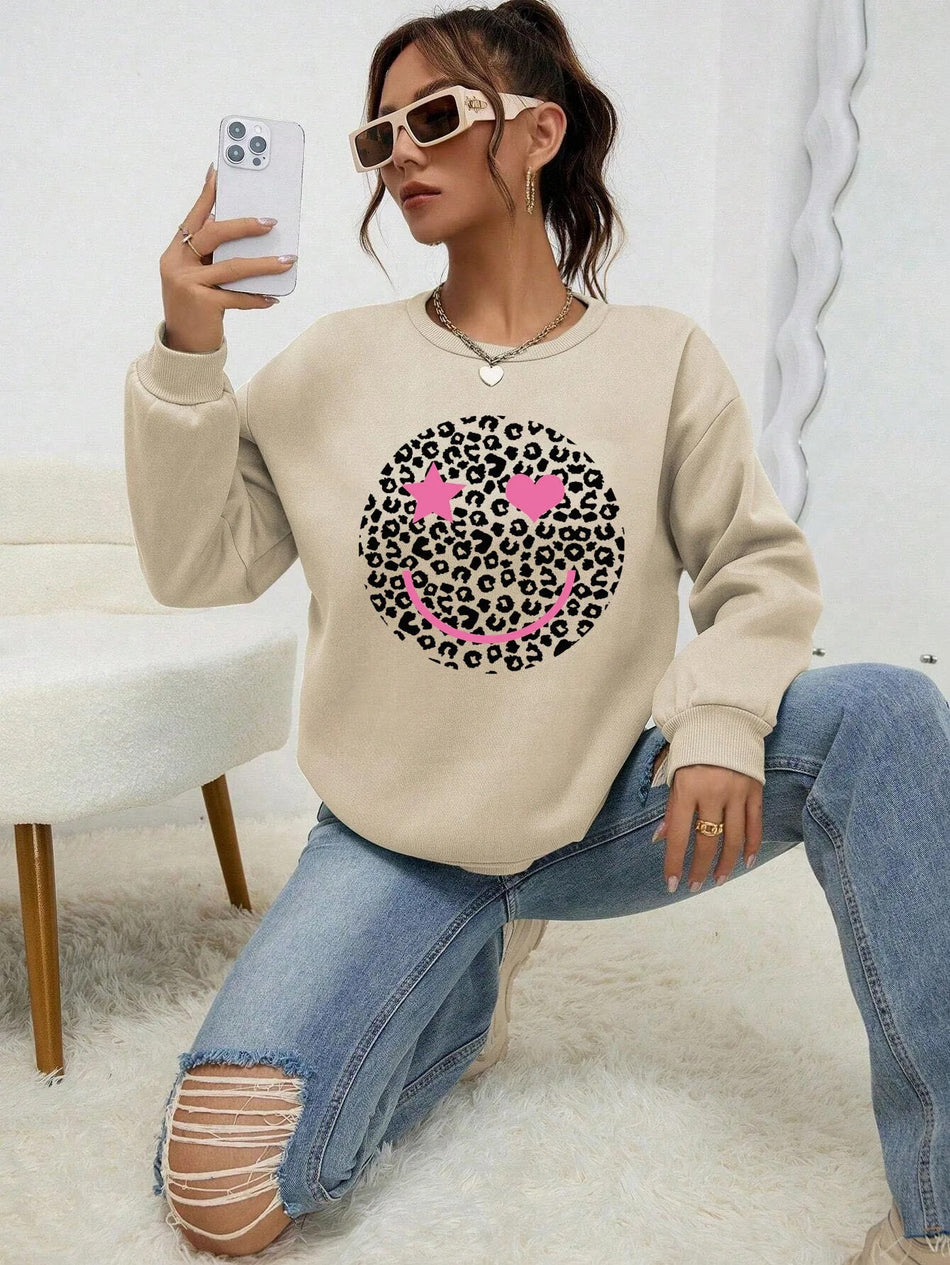 Leopard Print Happy Face Hooded Polyester Sweatshirt