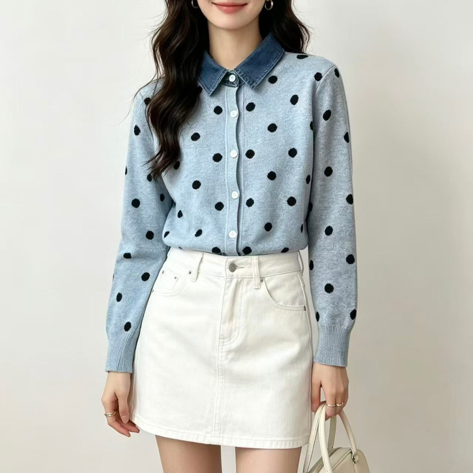 Women’s Contrast Polo Collar Knit Cardigan Sweater