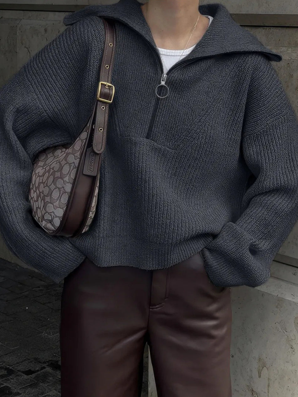 Women’s Loose Lapel Half-Zip Pullover Sweater