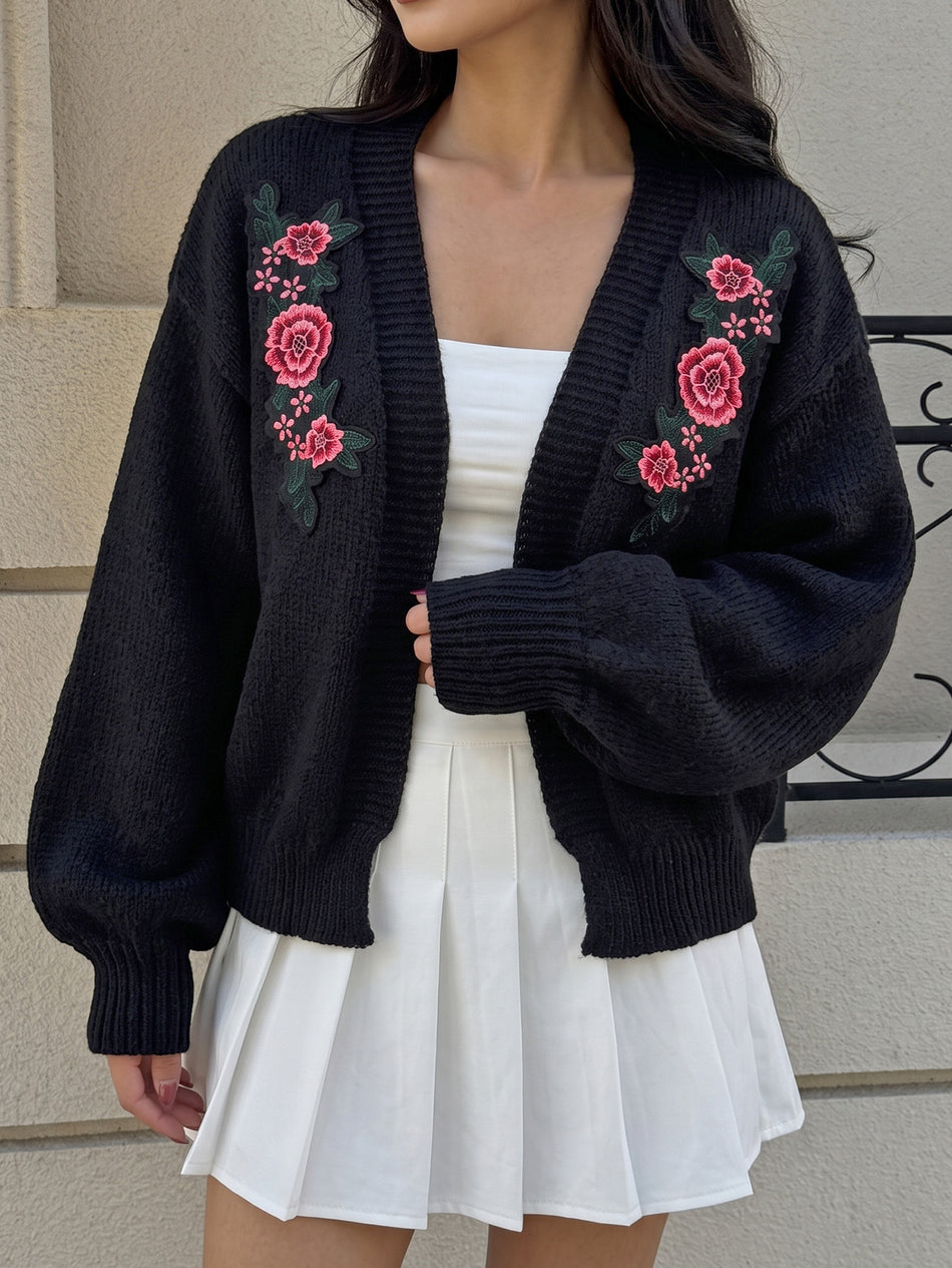 Women’s Rose Embroidered V-Neck Knit Cardigan