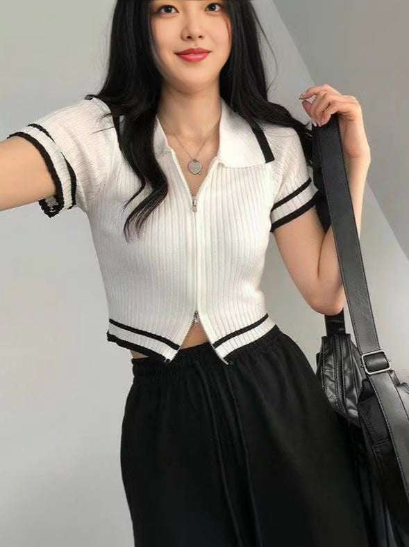 Women’s Polo Collar Short Sleeve Zip Knit Top