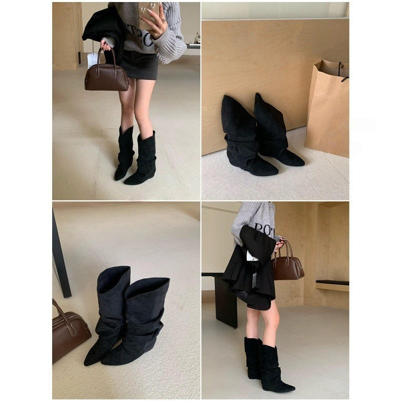 Women's Retro Pleated Suede Mid-Calf Boots