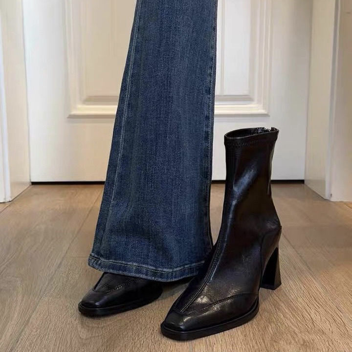 Women's Square Toe Chunky Heel Short Boots