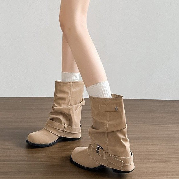 Women's Vintage Pleated Thick-Soled Western Boots