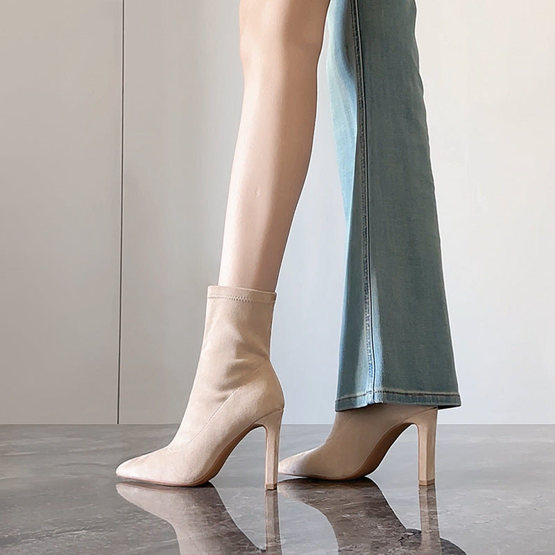 Women's Apricot Suede Pointed Toe High Heel Boots