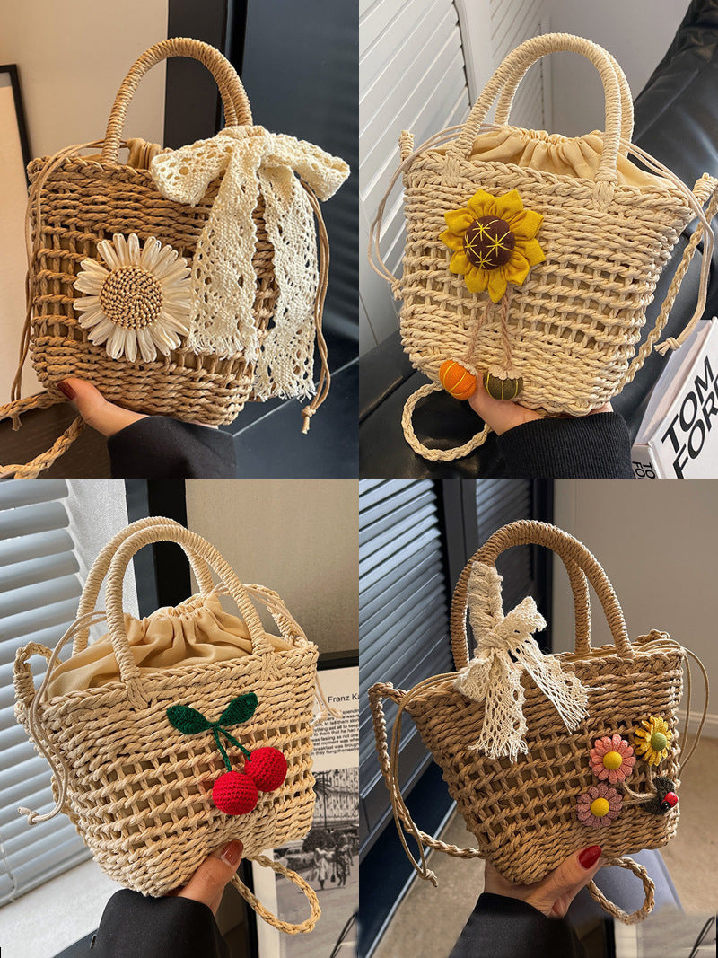 Women’s Woven Straw Bucket Bag with Drawstring
