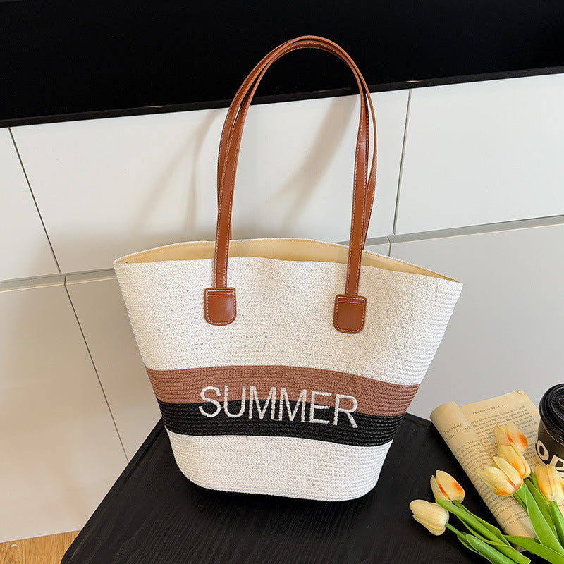 Women’s Woven Straw Bucket Bag with Embroidery