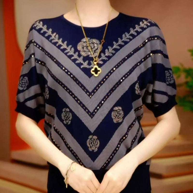 Women's Loose Batwing Sleeve Ribbed Velour Top with Embroidery
