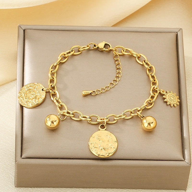 Women's Stainless Steel Sun Disc Bracelet with Bead Chain Detail