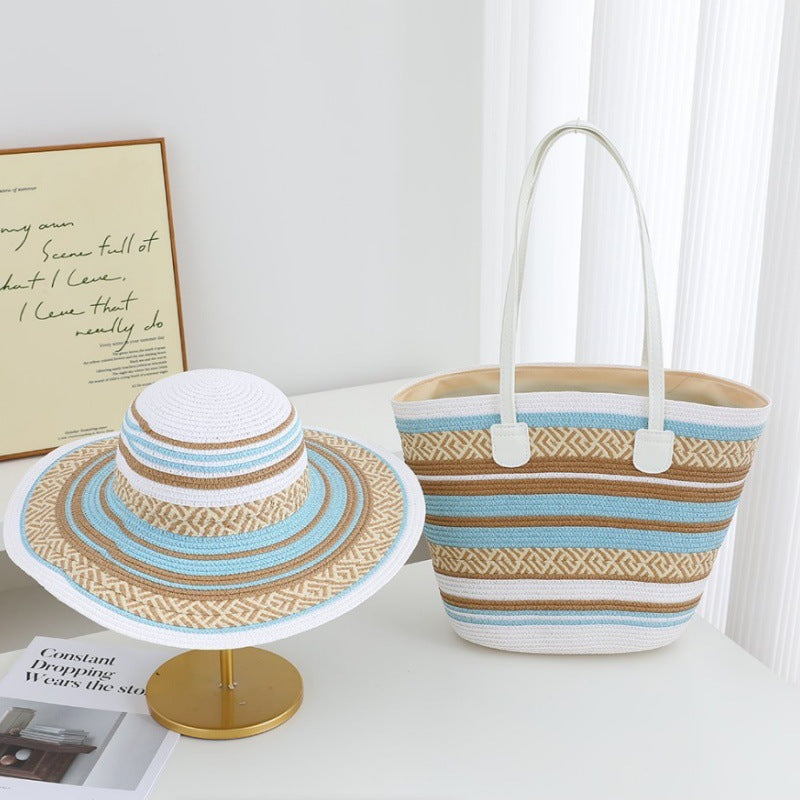 Women’s Color-Block Wide-Brim Straw-Style Beach Hat