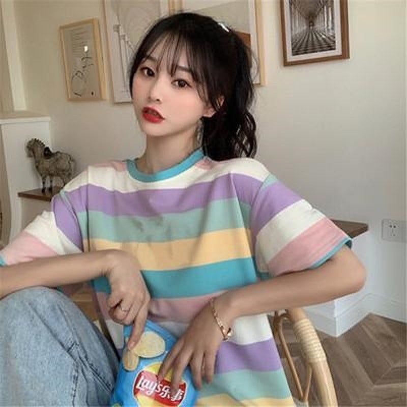 Women's Loose Rainbow Stripe T-Shirt with Crew Neck, Short Sleeve