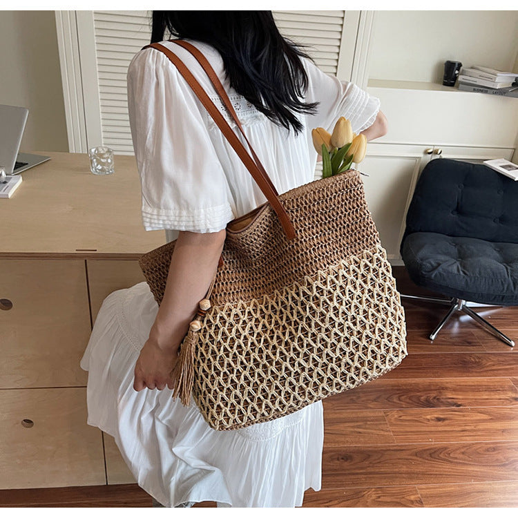Women’s Woven Large Shoulder Bag with Tassel Detail