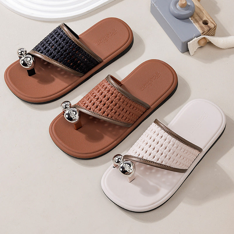 Women's Retro Woven Flip-Flops with PVC Sole and Metal Detail