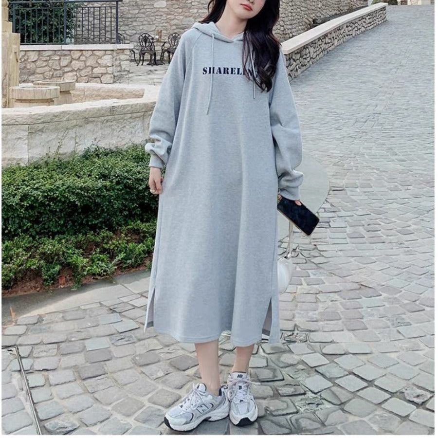 Women's Hooded Sweatshirt Maxi Dress with Side Slit, Loose Fit