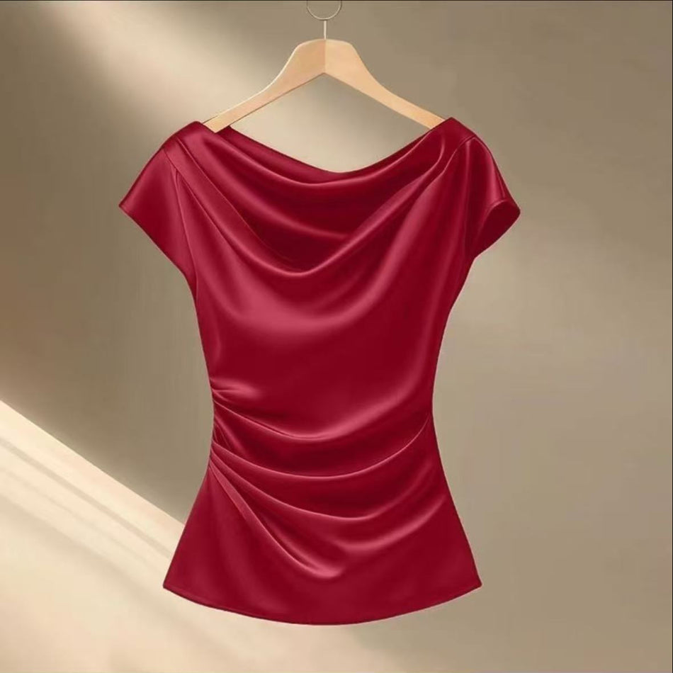 Women's Satin-Finish Short Sleeve Top with a Draped Cowl Neck