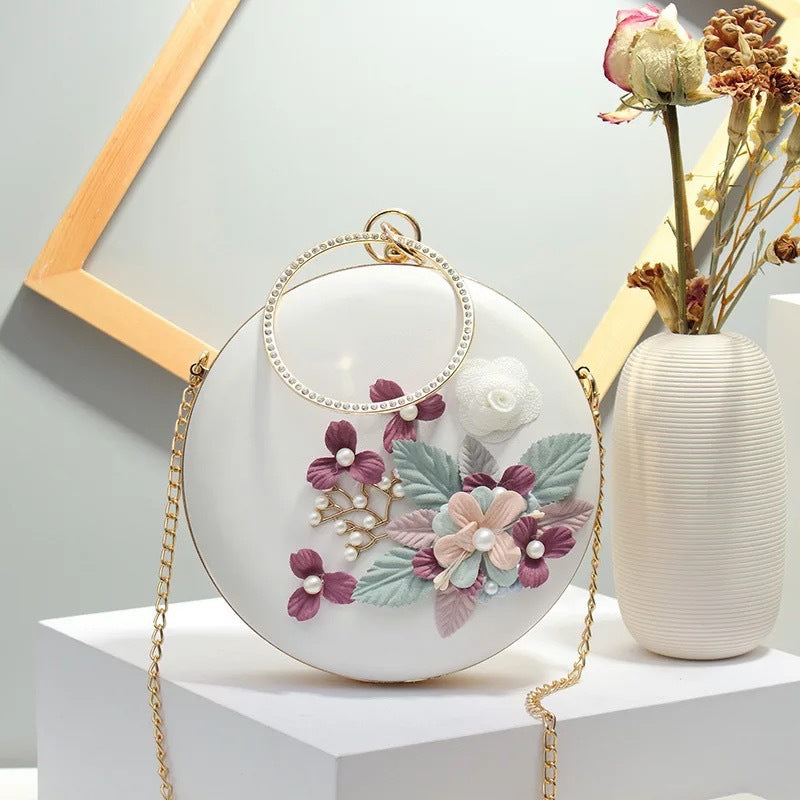 Women’s Flower Pearl Round PU Dinner Clutch Bag