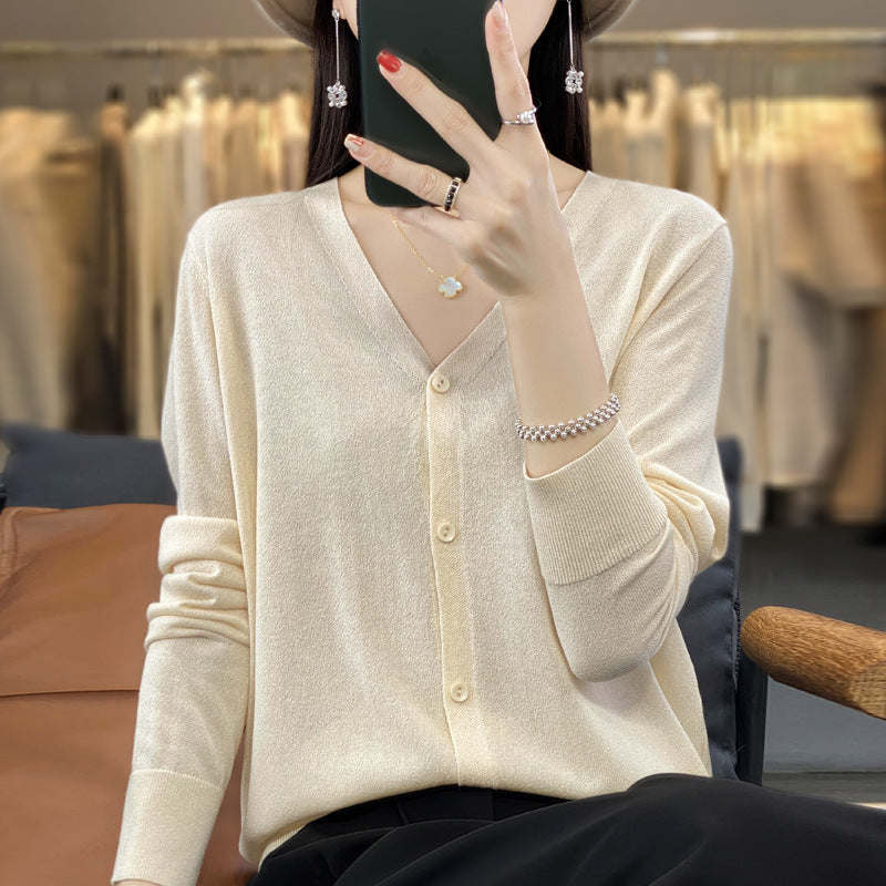 Women's Thin V-Neck Button Cardigan with Textured Knit for Summer