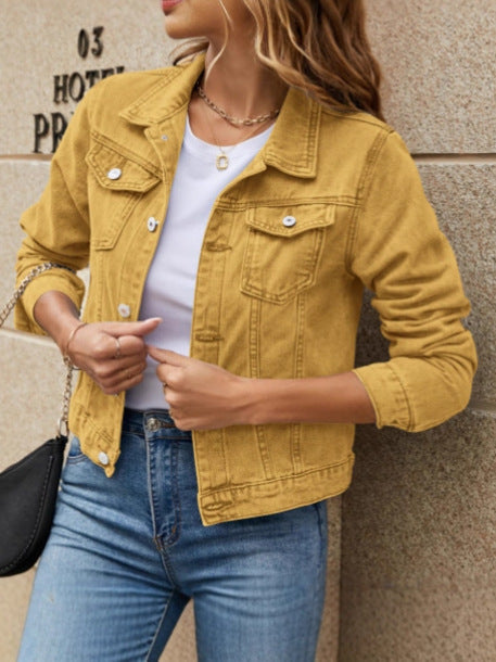Women's Loose Stretch Denim-Look Jacket with Lapel and Pockets