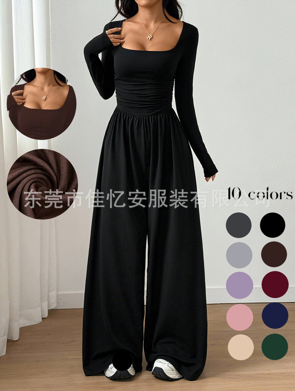 Women’s Long-Sleeve Wide-Leg Square-Neck Jumpsuit