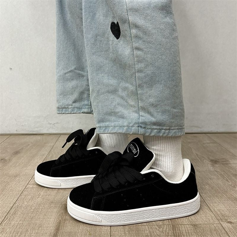 Women's Black Thick-Sole Lace-Up Sneakers in Synthetic Leather