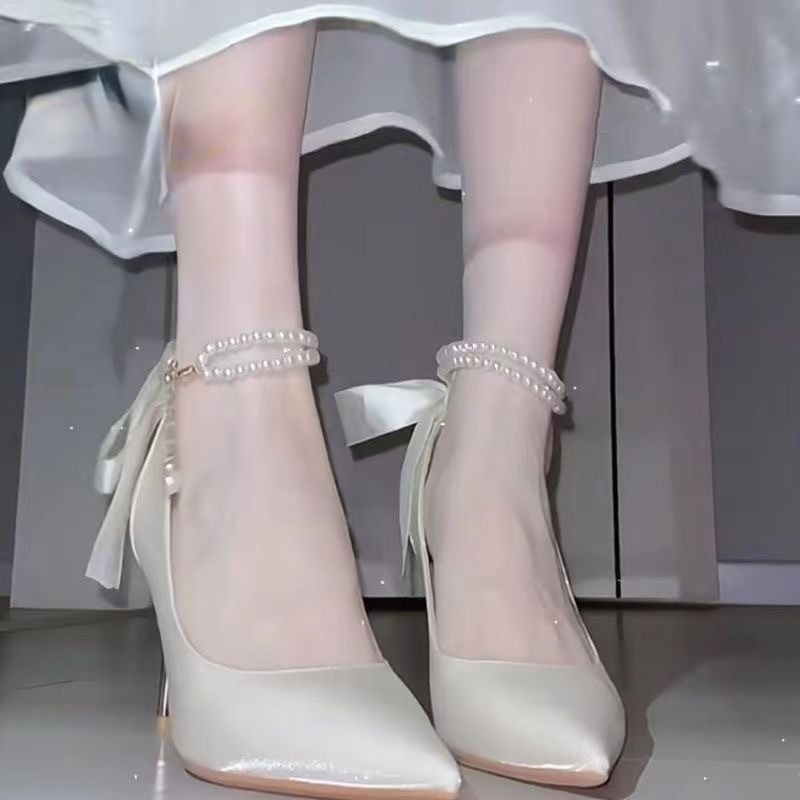 Women's Champagne Mary Jane Bridal Heels with Single Buckle Strap