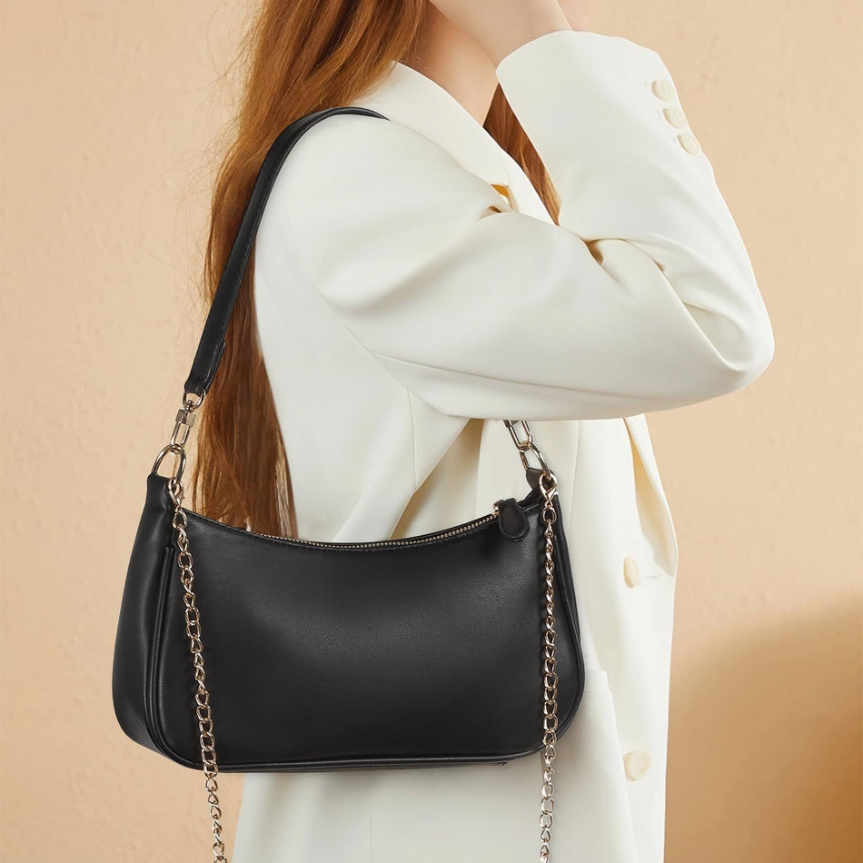 Women's Black Underarm Shoulder Bag with Optional Chain Detail