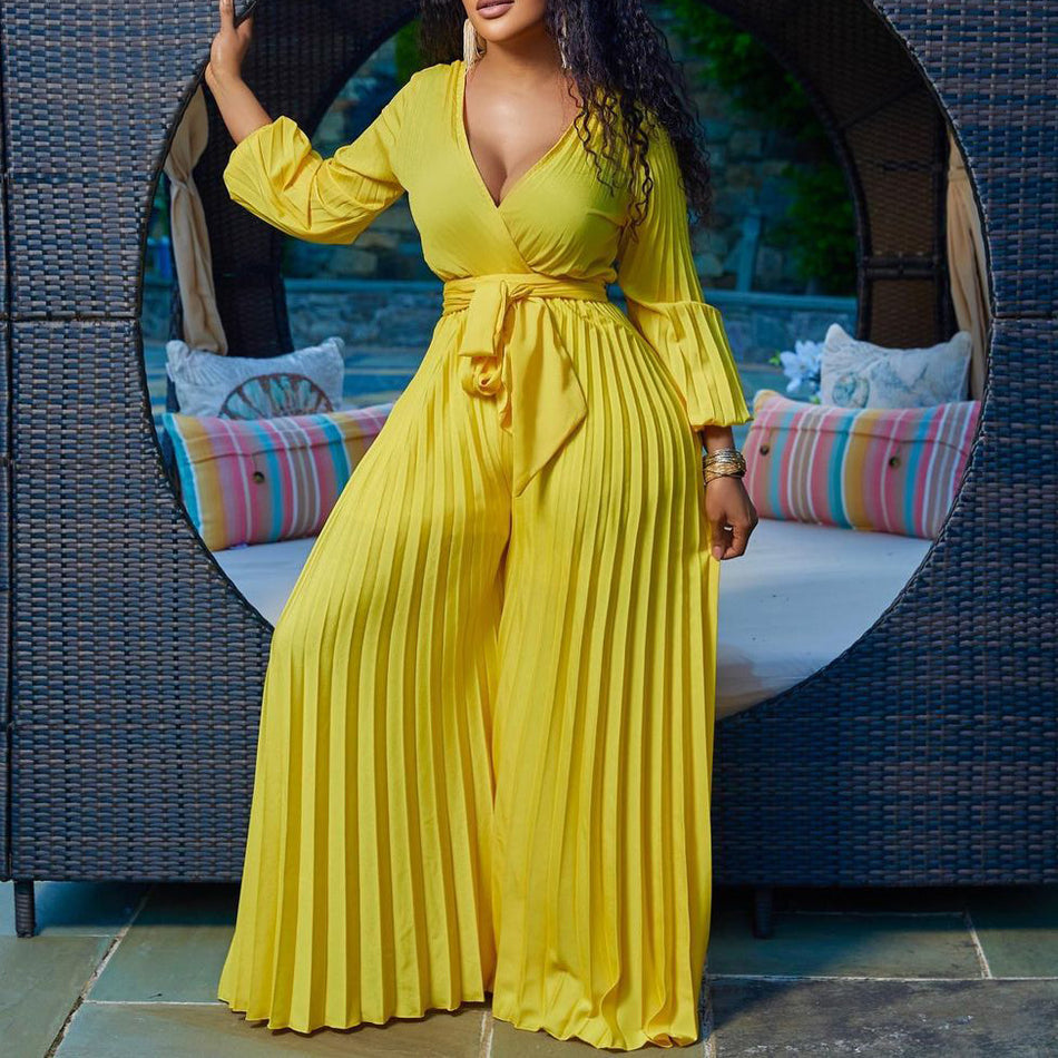 Women’s V-Neck High-Waist Pleated Wide-Leg Jumpsuit