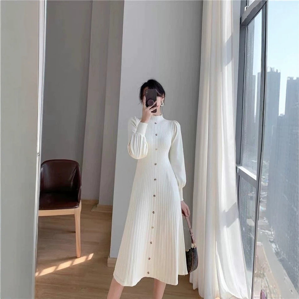 Women's Slim Mock Neck Knit Midi Sweater Dress with Long Sleeves