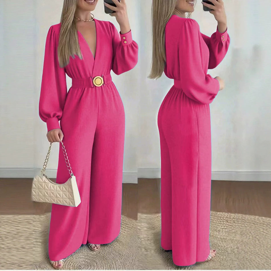 Women’s Deep V-Neck High-Waist Wide-Leg Jumpsuit